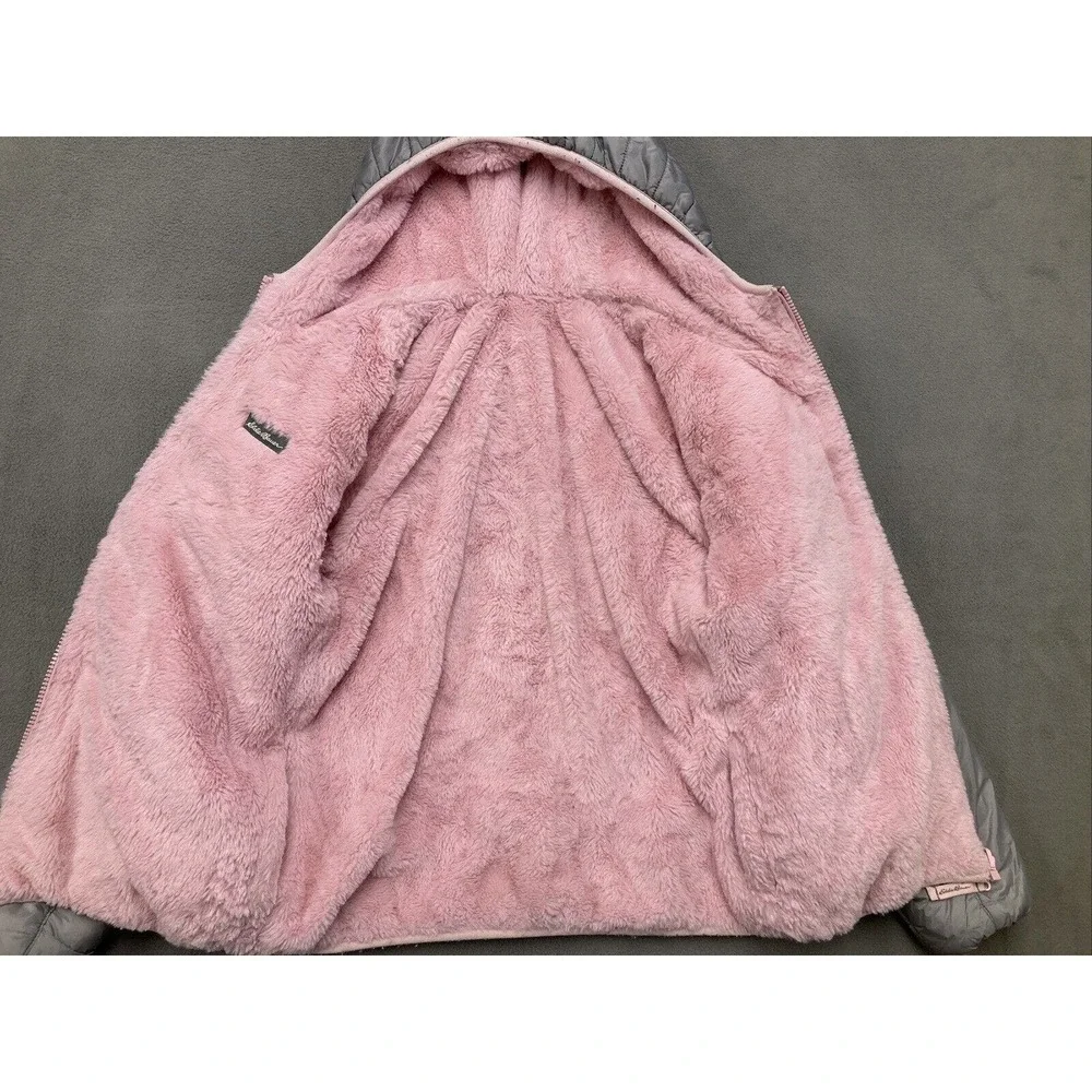 Eddie Bower Puffer Jacket Girls L 14/16 Grey Pink Zip Hooded Warm